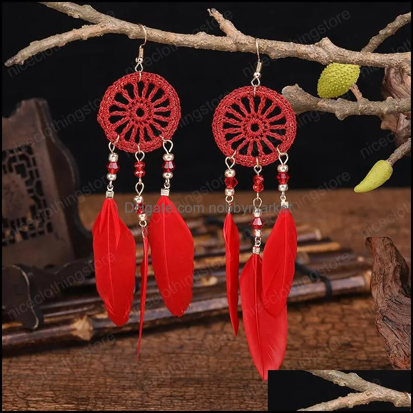 Bohemia Women`s Crystal Red Feather Tassel Earring 2021 Summer Indian Jewelry Tibetan Dream Catcher Dangle Wedding Earrings