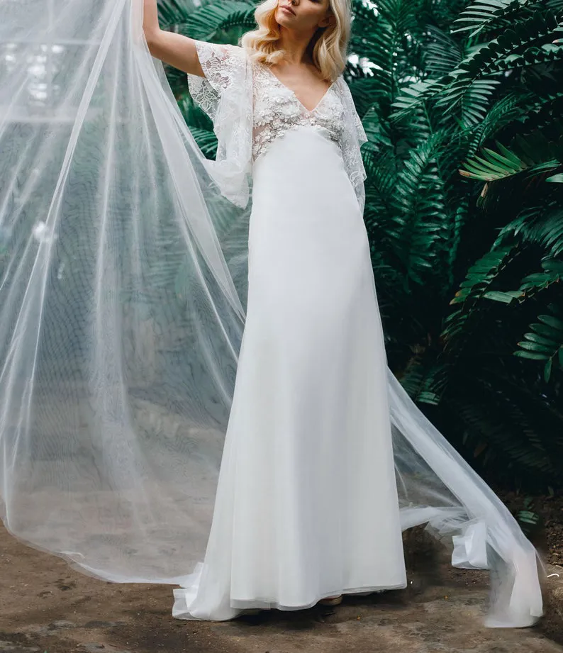 2021 elegante 3D bloem witte bruidsjurken een lijn v-hals kant geappliceerd vloer lengte bruidsjurken robe de mariée