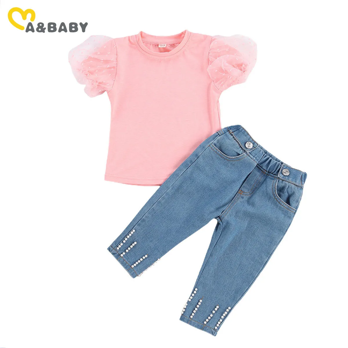 1-6y sommar toddler barn barn tjejer kläder uppsättning puff ärm t-shirt toppar pärla jeans denim byxor outfits kostymer 210515