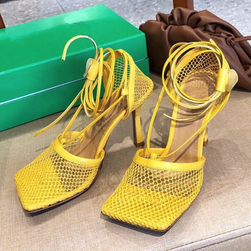 Runway Net Mesh Thin High Heel Sandals Women Square Toe Ankle Strappy Gladiator Sandalias Summer Sexy Party Nightclub Shoes 2021
