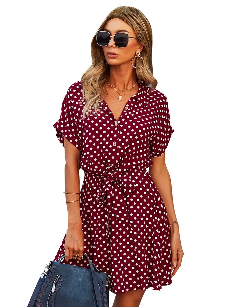 Strand Sommer Kleid Vestidos Hemd Kleid Polka Dot Vintage Hohe Taille A-line Mini Frauen Kleider Kurzarm Robe Femme