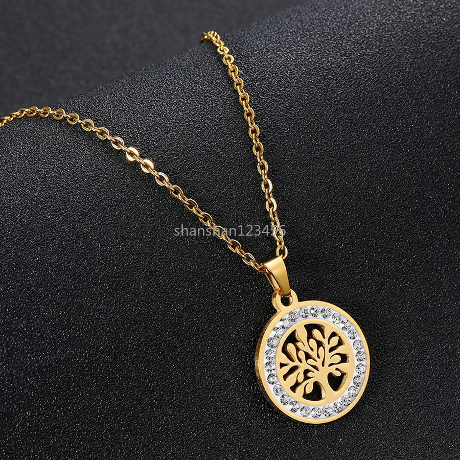 Guldkristallmynt Pendant Tree of Life Halsband Rostfritt stålkedjor för kvinnor Mäns Mode Smycken kommer och Sandy