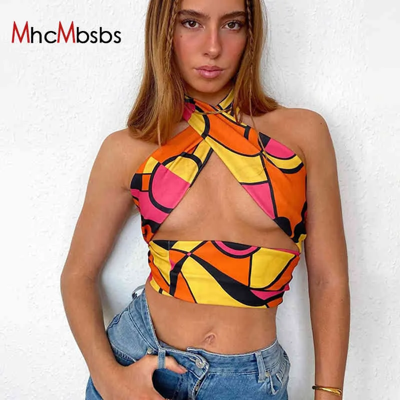 Sexy Ausschnitt Kreuz Halter Bandage Print Crop Tops für Frauen rückenfreies Korsett Camis Sommer Streetwear Fashion Y2K Kleidung 210517