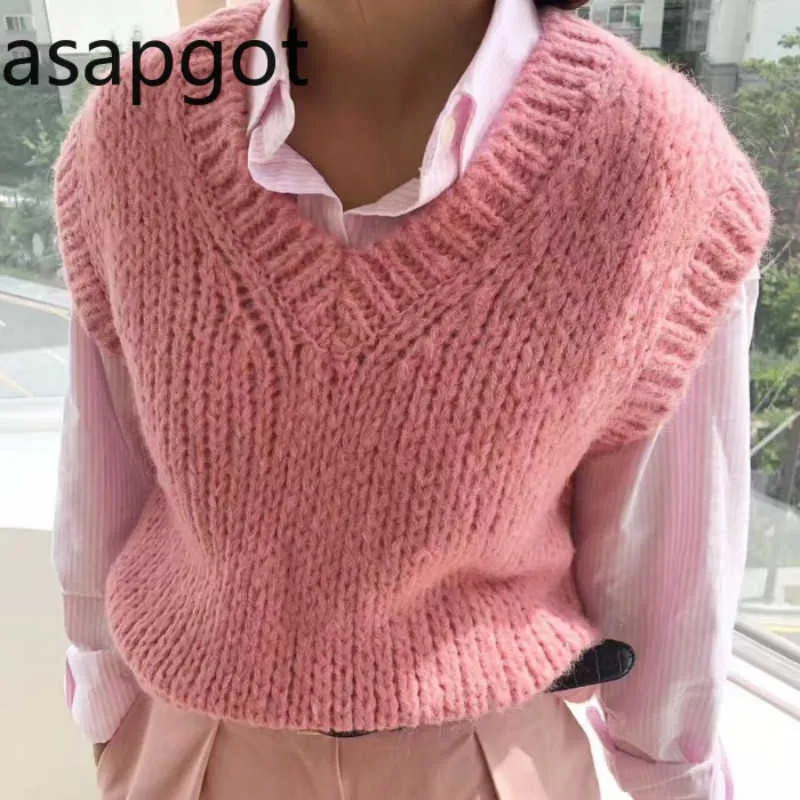 Asapgot Höst Koreansk Solid Vintage V Nacke Ärmlös Vest Tröja Stickade Rosa Stora Kvinnor Tröjor Och Pullovers 210610