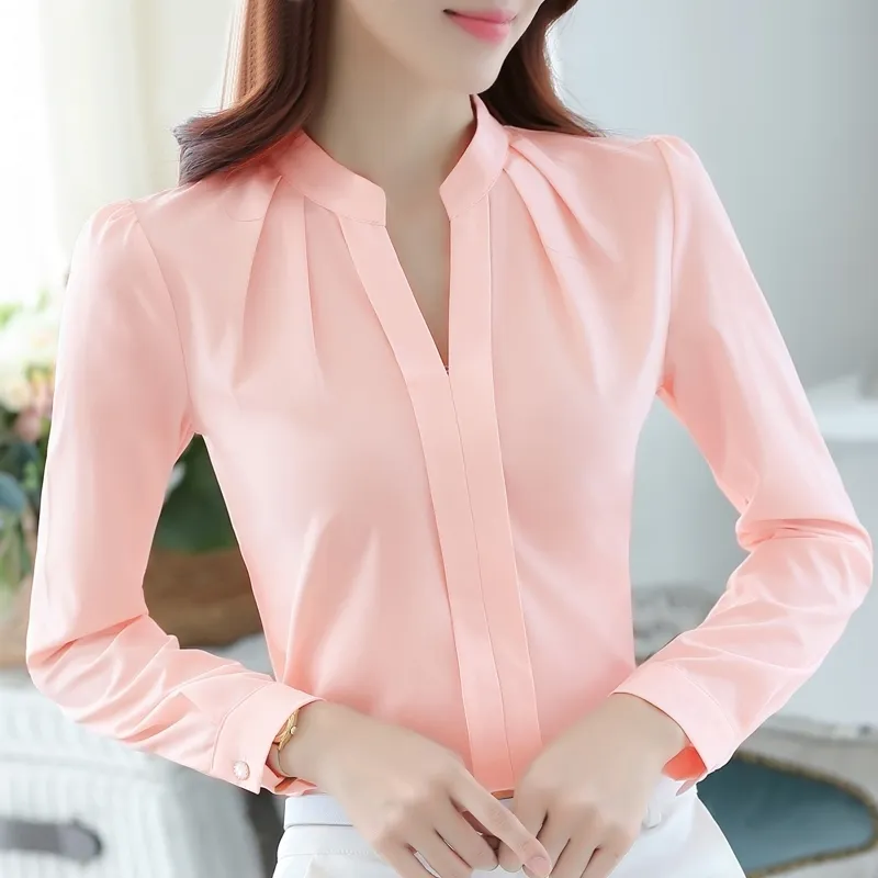 Blusas Mujer de Moda V-hals Office Dames Tops Solid Pink Blouse Dames Lange Mouwen Dames Shirts Womens Tops en Blouses A33 210426