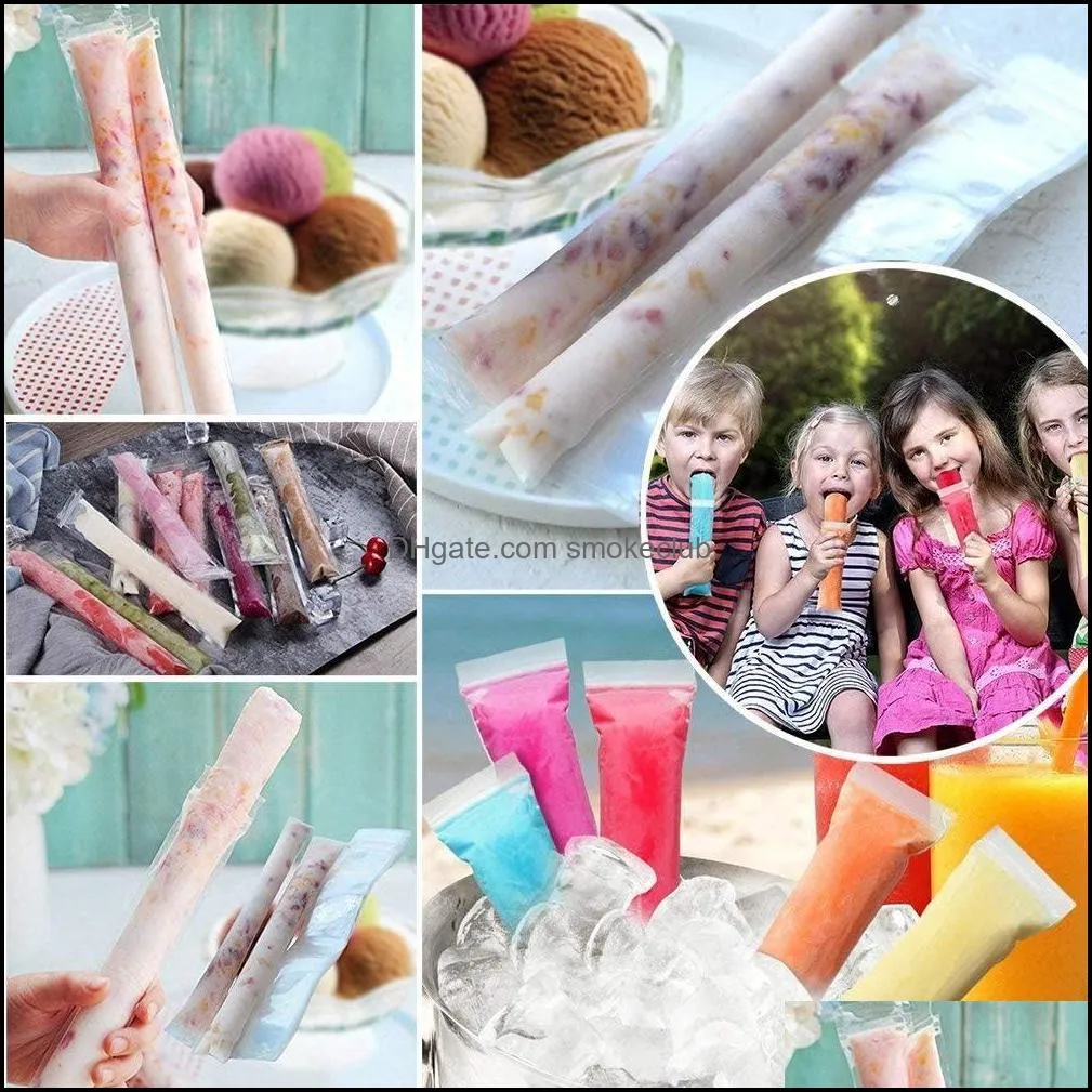 100 Disposable Ice Tools Popsicle Mold Bags, 8.6*2.3 IN, 1 Funnel, 5  Holder, BPA Free, Freezer Tubes with Zip Seals for Yogurt Sticks, Juice, Fruit