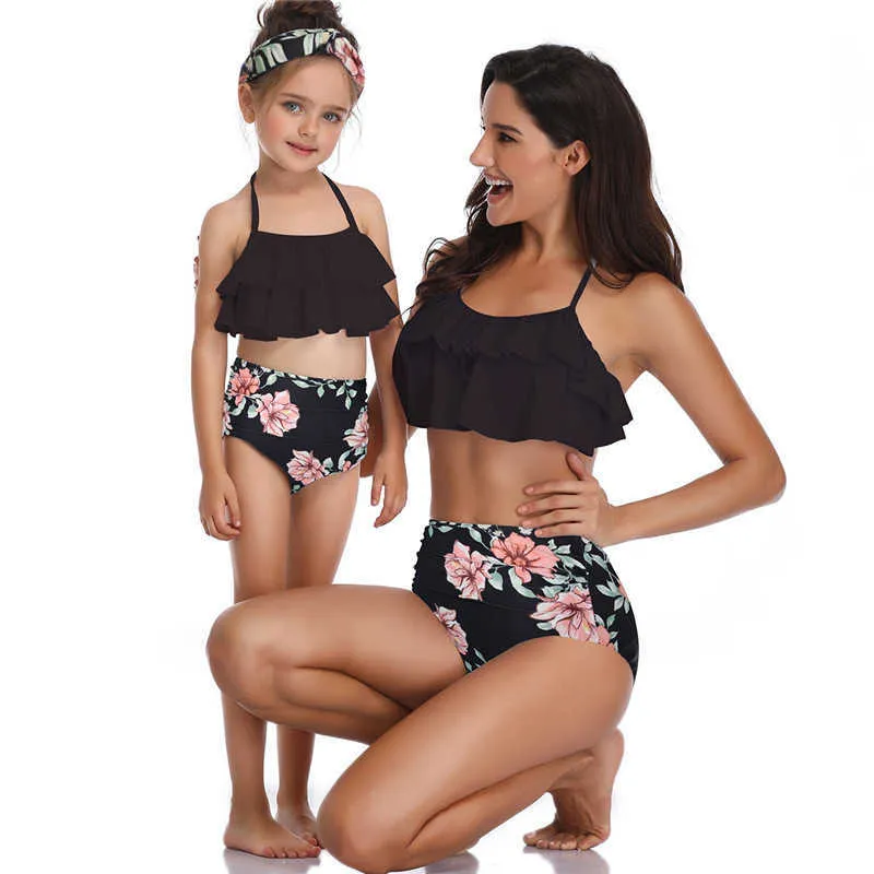 Tropical Baby Swimwear Flowers Mommy and Me Matching Swim Suit Holiday Family Outfit Bathing Wear Costume 210529