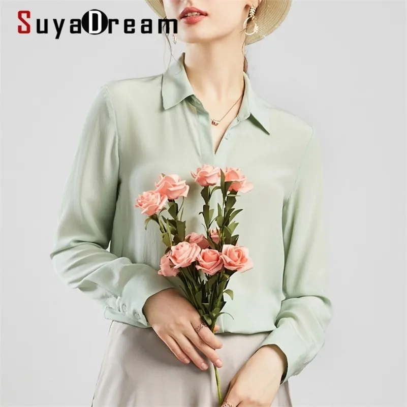 Suyadream mujeres blusas de seda 100% seda real sólido manga larga botón básico oficina dama blusa camisa elegante camisa 210323