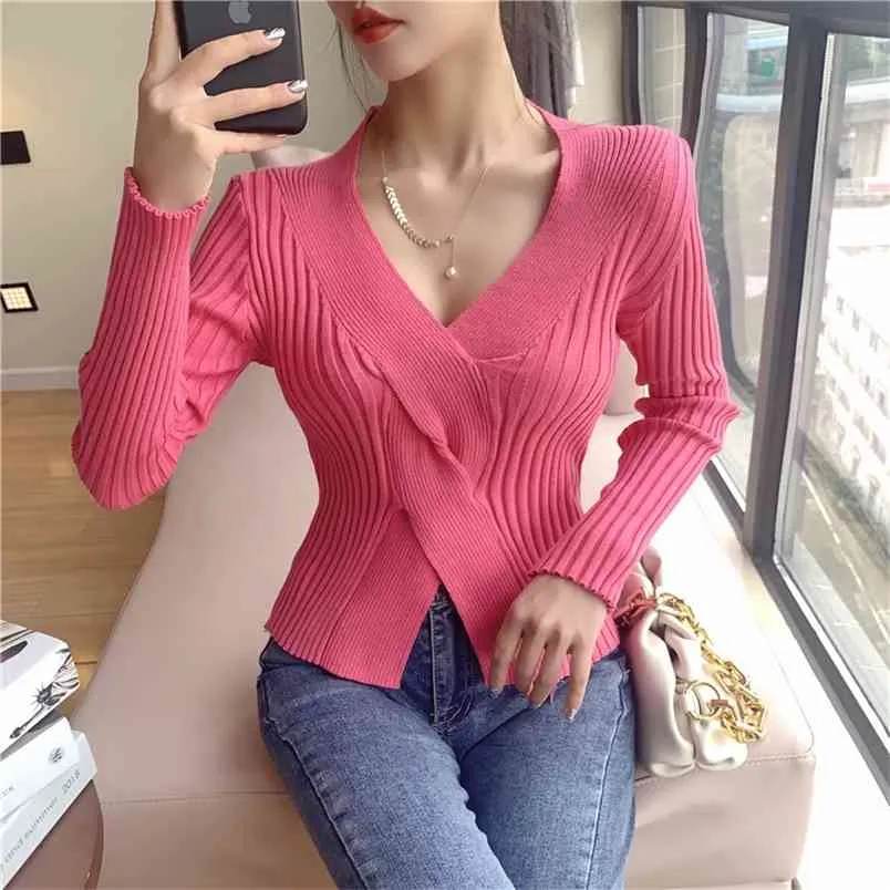 Sexy tiefer V-Ausschnitt Pullover Frauen Kleidung Mode Langarm Pullover Slim Bottoming gestrickt weiblich 210519