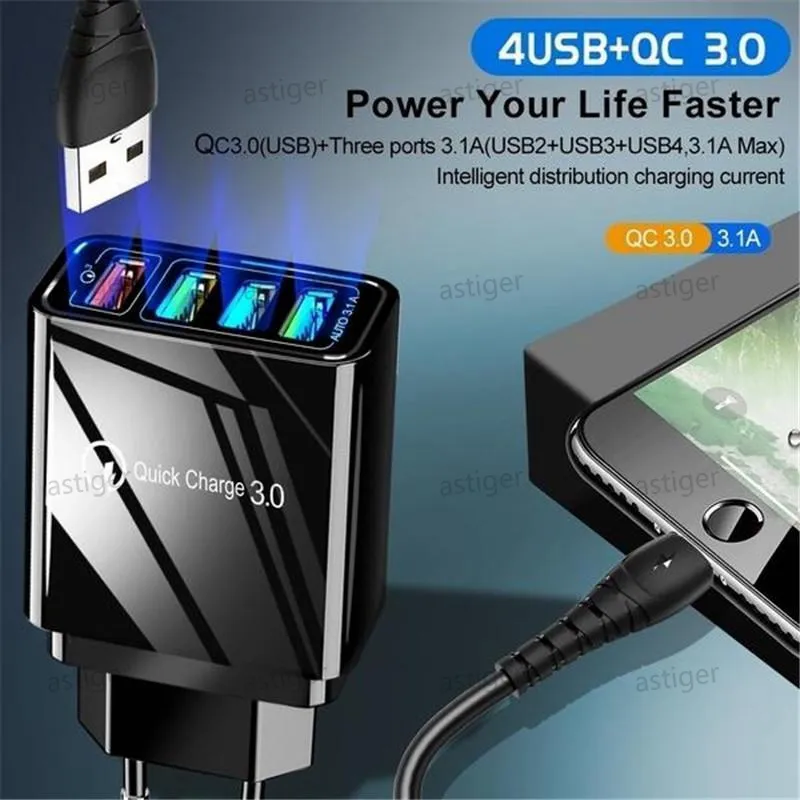 Chargeur USB rapide 48W, 4 Ports QC 3.0, prise ue/US/UK, pour téléphone portable, chargeur rapide pour la maison, adaptateur de voyage