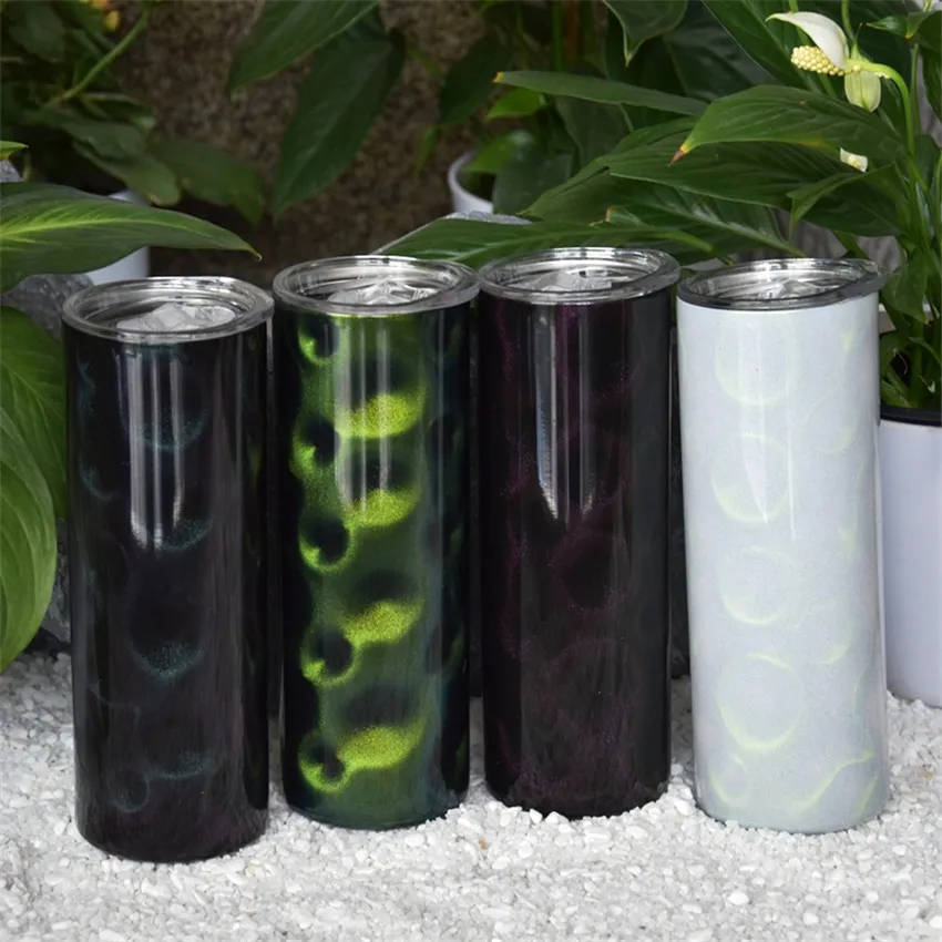 20oz Sublimation Skinny Straight 3D Dazzle kleur Tumblers Pauw textuur Glitter Warmteoverdracht Roestvrij staal Waterflessen Dubbel Geïsoleerde Cups Mokken A12