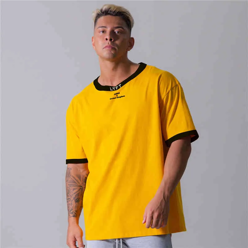 2021 patchwork losse t-shirt mannen gym fitness bodybuilding katoenen t-shirt mannelijke korte mouw Tee shirt tops zomer sport workout y0323