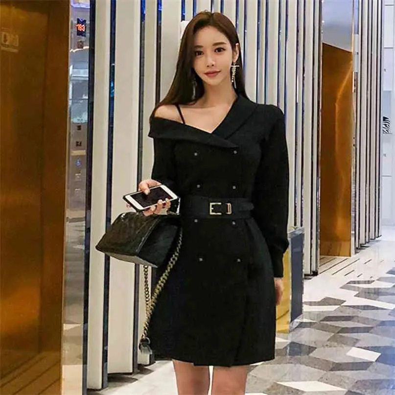 Fashion Korean OL Blazer Dress Black Office Lady Spaghetti Strap One ...