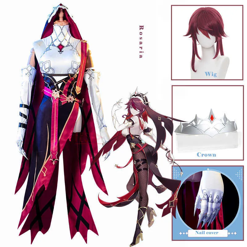Rosaria Cosplay Costume Game Genshin Impact Uniform Full Set Dress Wig Crown Figer Cover Props Halloween Anime Party Accessories Y0903