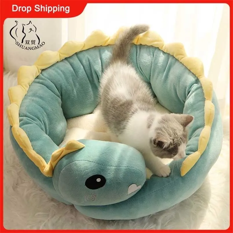Dinosaur Cat Bed Cute Pet House for Cats Warm Small Dogs Mat Sleep Nest Indoor Kitten Cushion Window Beds Puppy Ferret Products 211111