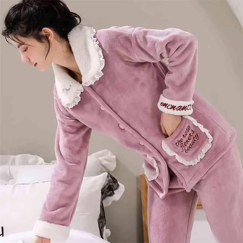 Pijamas de encaje para mujer Conjunto de ropa de dormir sexy Conjunto de pijama bordado Camisa larga Pantalón Cálido Franela Invierno Homewear Tamaño grande 210901