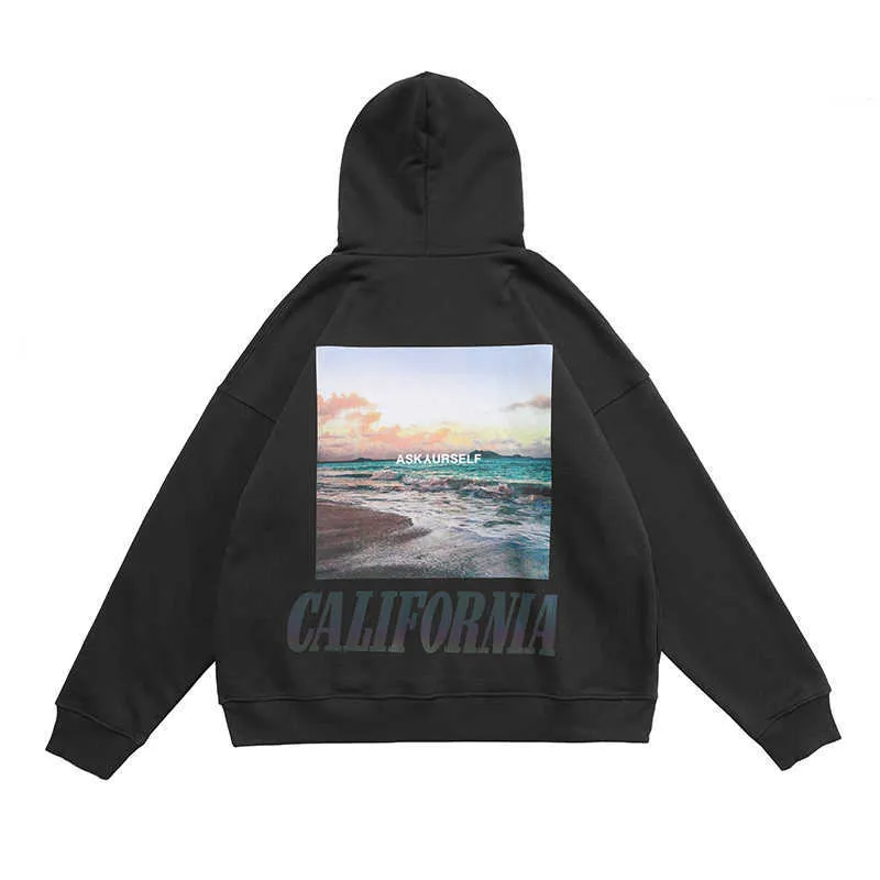 Men's Hoodies Askyurself 3M colorful reflective wave landscape photo printing high street men's and women's loose hooded sweater fashion 2