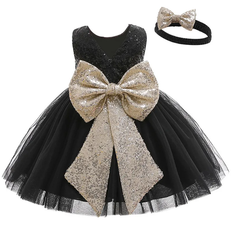 black and gold infant dress 498B Gold Sequins V Back & Bow Baby Dress main image 1