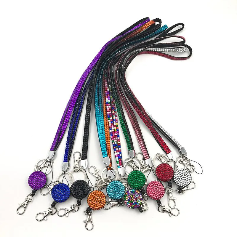 Nyckelringar nacke bling rhinestone lanyard retractable rem märke reel telefon nyckelhållare tröja kedja lång hänge halsband glitter design