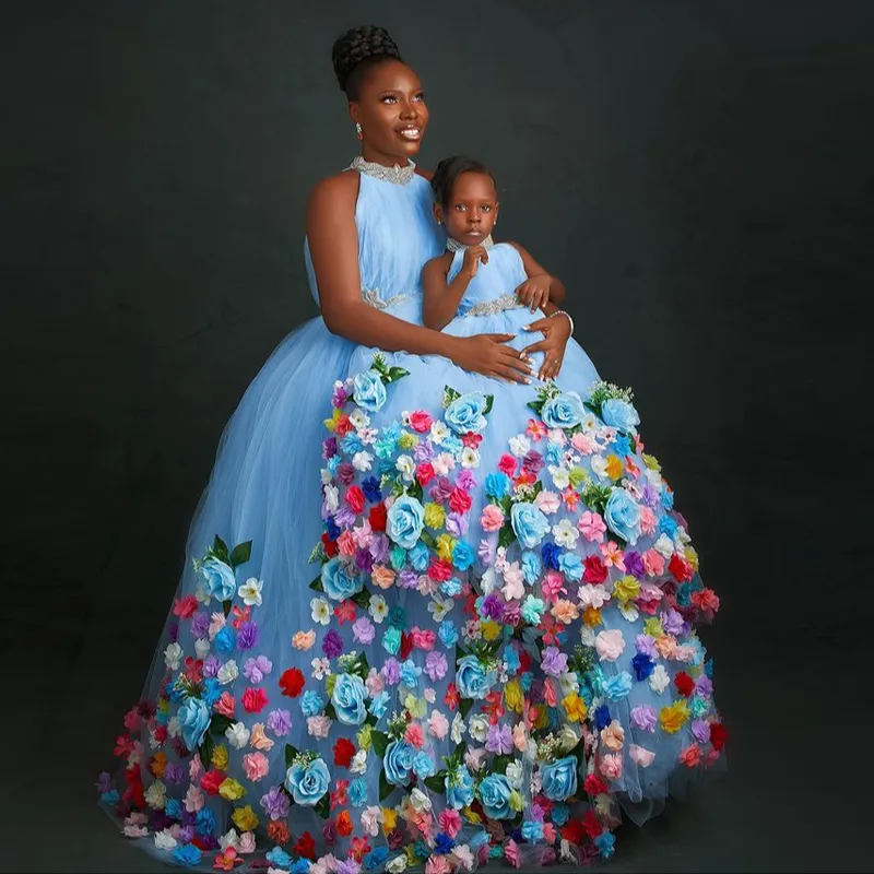 Handmade Blue Jewel Neck A Line Maternity Photoshoot Dress For