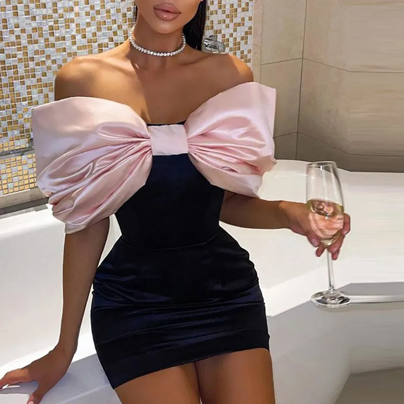 Sexy rose Bowknot dames robes de soirée de cocktail charmant court Mini Slim Fit gaine robe de bal robe de soirée de retour pour les femmes filles