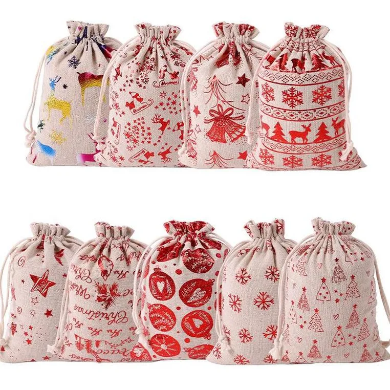 Xmas Tree Bag Canvas Drawstring Gift Sacks: Small Fabric Gift Bags