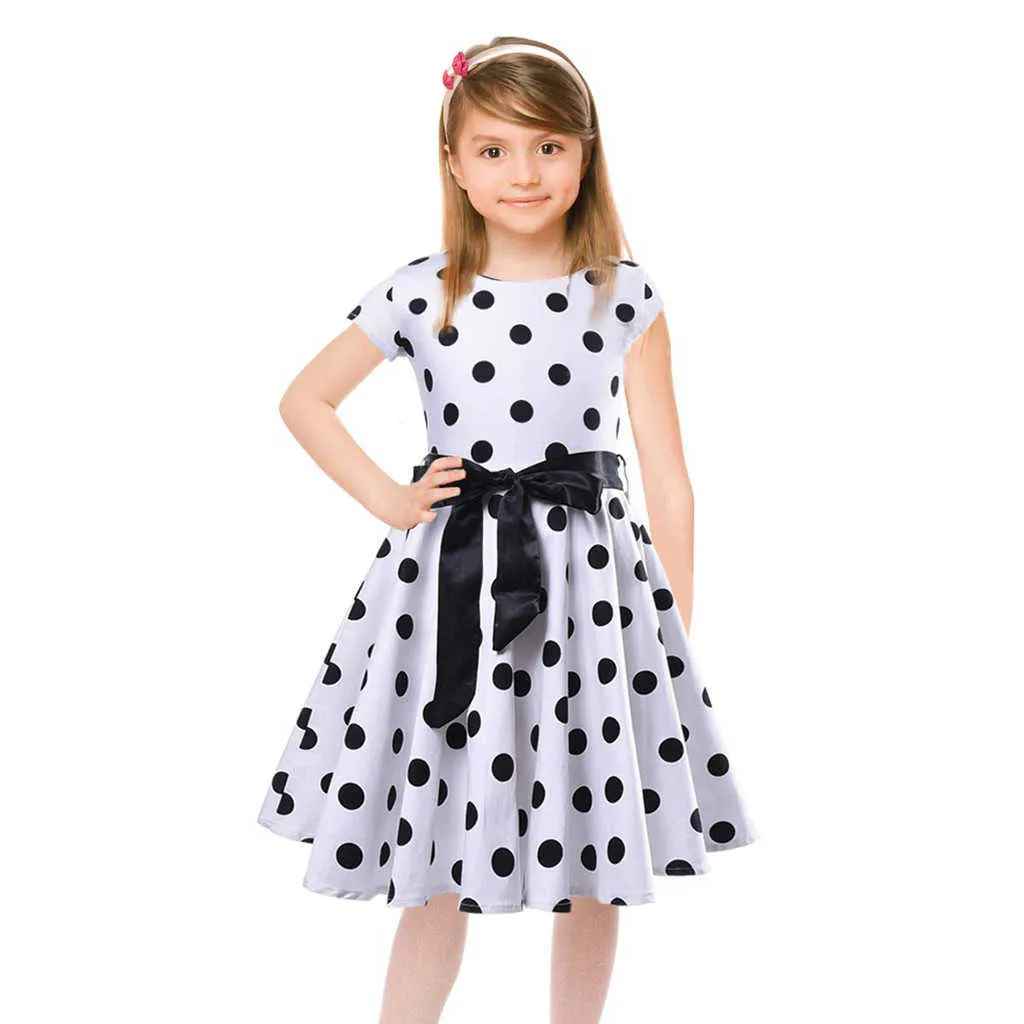 Kids Girls Dress Polka Dot Vintage Princess Dress Swing Rockabilly Party Dresses Barnkläder Bomull Blandning Bandage Vestido Q0716