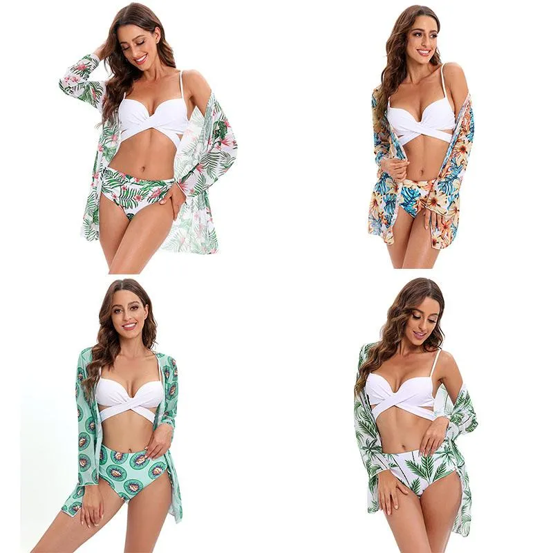 Conjunto Sexy Feminino Cintura Alta Mesh Xaile Três Peças Biquíni Dividido Maiô Senhora Moda de Banho Feminino Biquini Menina Verão Praia Moda Natação ZL0494