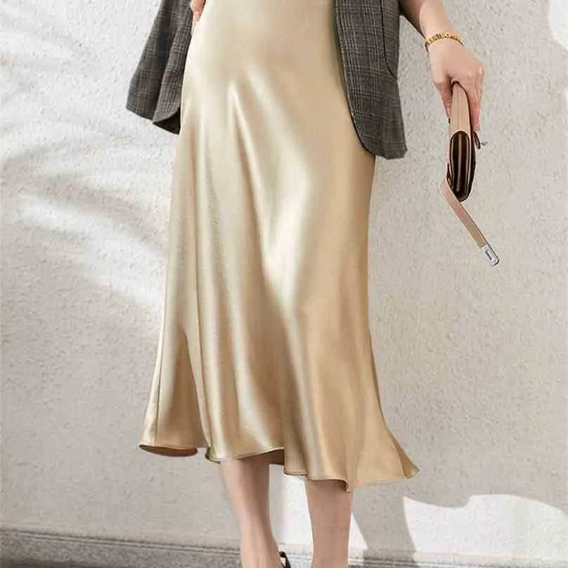 Элегантные женщины атласные шелковые юбки весна лето высокая талия линия твердая длинная юбка 210525