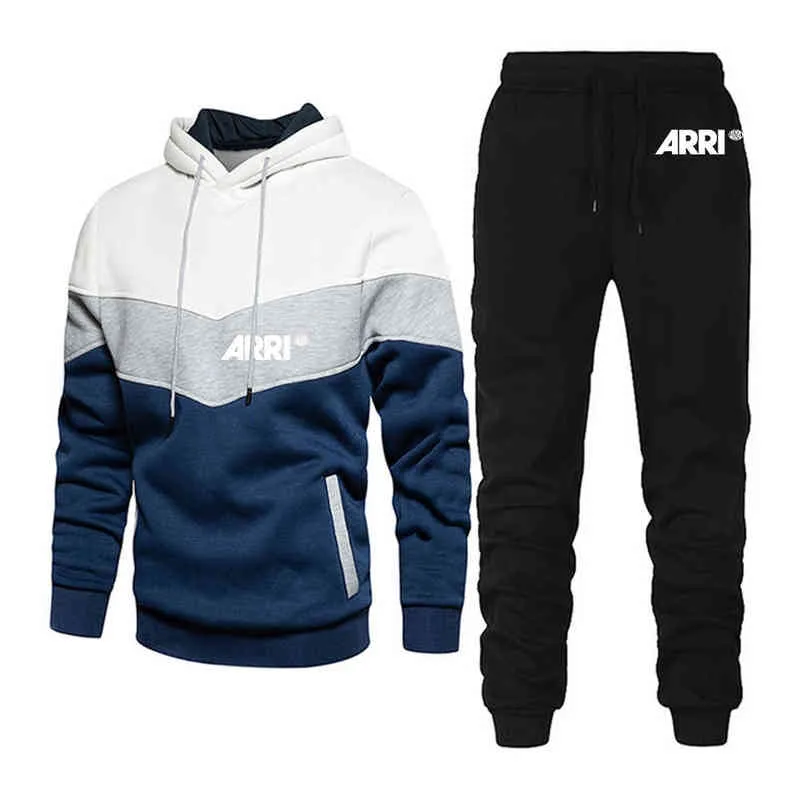 ARRI 2021 Hommes Nouveau Printemps et Automne Impression à la mode Coutures tricolores Sport Sweats à capuche Pantalons Vêtements de sport Costumes décontractés G1215