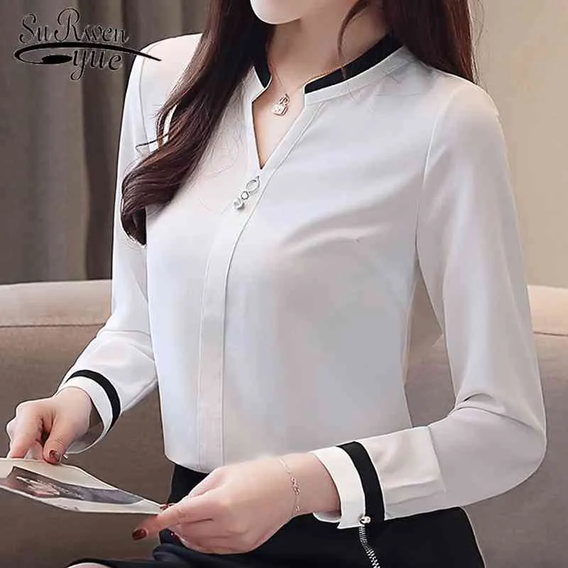 Moda damska długa koszula kobiece bluzki Szyfonowa Vcollar Office Works White Womens Topy i 2430 50 210427