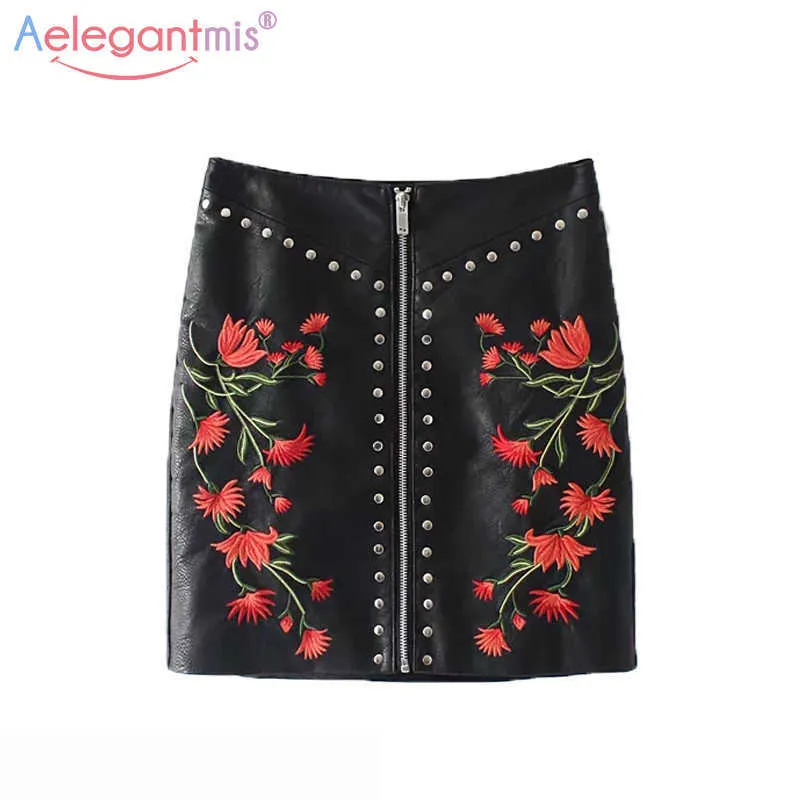 Aelegantmis Spring Autumn Black Casual Pu Leather Skirt Women Floral Embroidery Elegant Mini Ladies Short A-line 210607