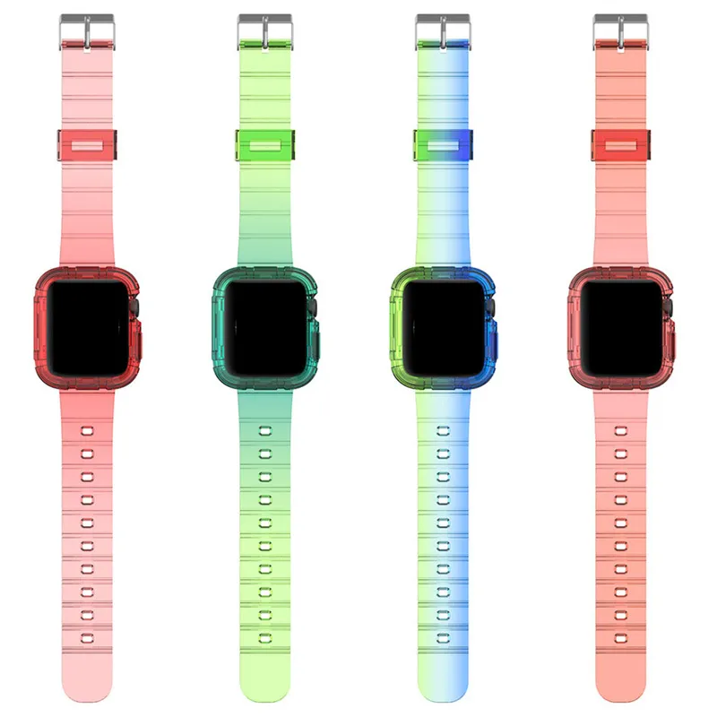 Gradient Transparent Silicone Strap And Case For Apple Watch band 44mm 40mm 38mm 42mm Siamese Wristband Bracelet Iwatch Series 6 5 4 3 Se Watchband