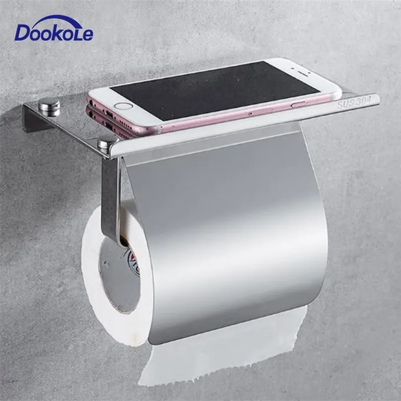 Toalett pappershållare väggmonterad, anti-rost rostfritt stål rulle med telefon hylla för badrum kök 210720