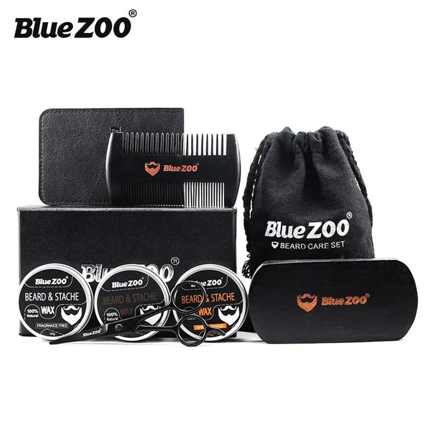 Dopobarba Bluezoo 8pcs Kit Natural Organic Men's Beard Shaving Care Balsamo Baffi con forbici Borsa pettine Idratante