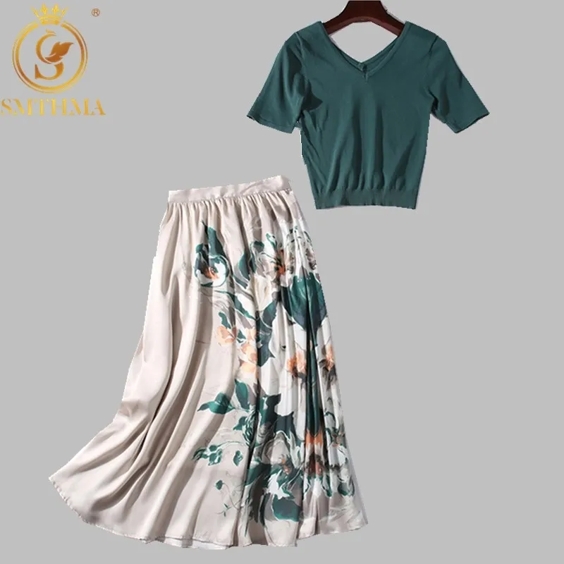 Sonbahar Kadınlar Zarif Örgü Kazak Üst Yeşil Ince Kazaklar + Yüksek Bel Çiçek Etekler Takım Elbise Kadın İki Parçalı Set 210520