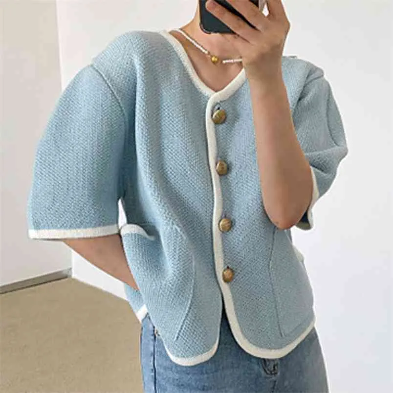 Small Fragrance Women Knitted Tops Summer Casual V-Neck Korean Chic Button Double Pockets Puff Sleeve Sweater Cardigan 210514