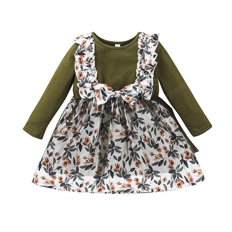 Girls Rose Flower Print Tulle Dress Fall 2021 Kids Boutique Clothing Korean 1-5T Children Long Sleeves Cotton Dresses