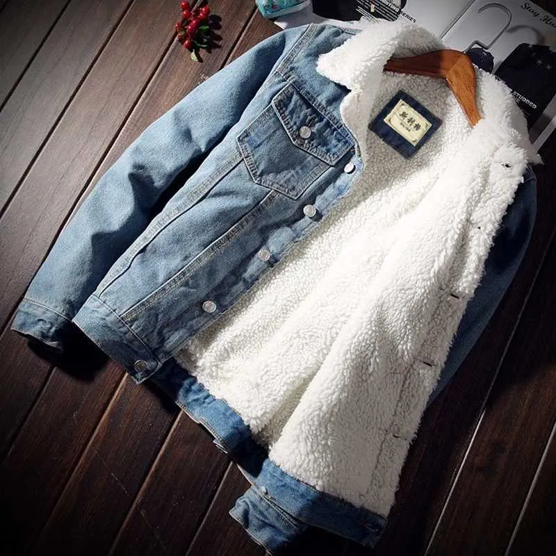 Denim bomber jas met bont heren trench jassen hoogwaardige mode jeans jas fleece winterjeansjacke herren blauw oversized