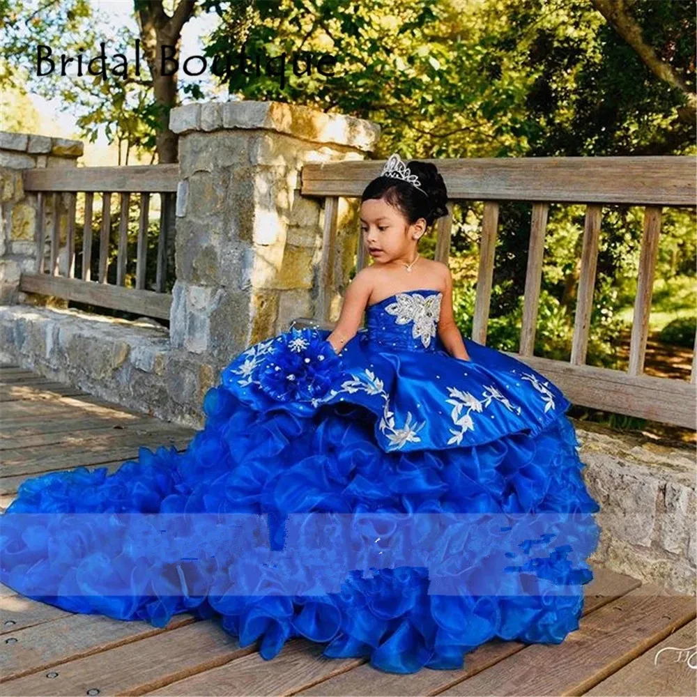 Royal blue and gold flower sales girl dresses