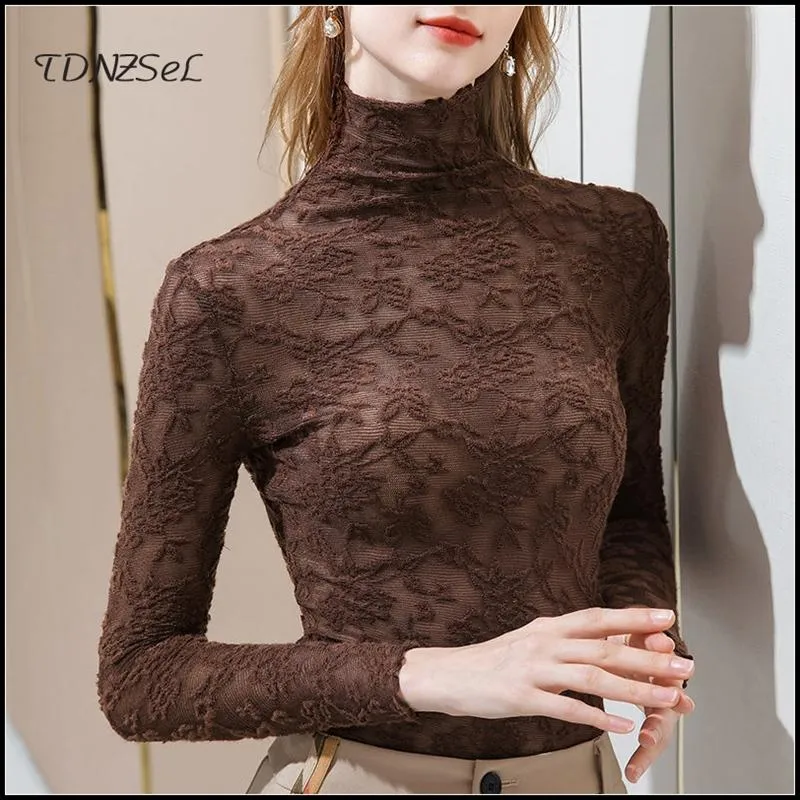Lace Shirts For Ladies Elegant Lace High Neck Tops Women Fashion Black Soft Pullover Spring Office Lady Slim Long Sleeve T Shirt Stretch L From Longmian 19.51 DHgate.Com