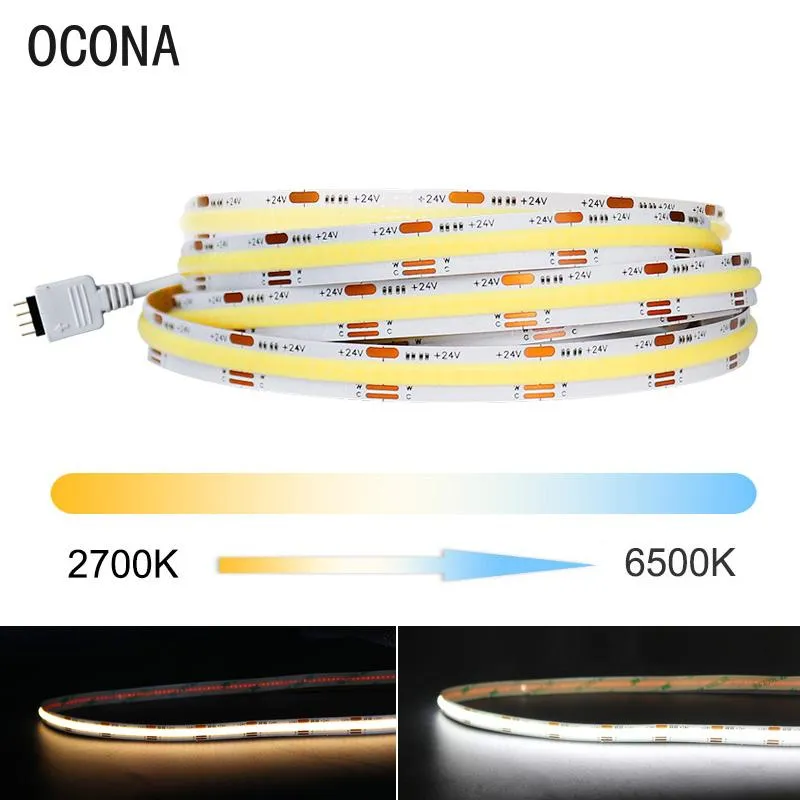 Şeritler COB CCT LED Şerit DC24V 2700K 6500 K Değiştirilebilir Ra90 Şeritler COB CCT LED Şerit DC24V 2700K 6500 K Değiştirilebilir Ra90