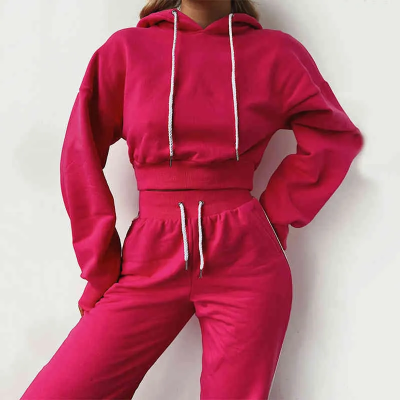 Kvinnors Hoodies Suit Set Lace Up Slim Drop Shoulder Sleeve Sportbyxor Jogging Höst Kvinnor 210515