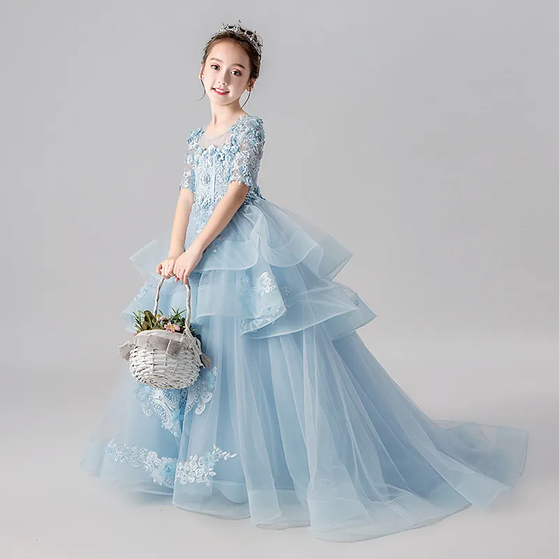 Longue princesse Cendrillon Fleur de fleur Robes De Fleur De Flower Off-the-Épaule Longueur Robe de Boule Bleu Kids Enfants Robes De Pageant Derniers Design Custom Custom Customing 2021