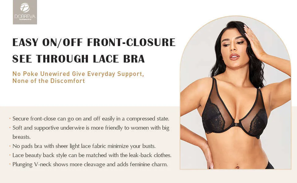 DOBREVA Women's Lace Balconette Push Up Plus Size Unlined Underwire Sheer  Sexy Bra