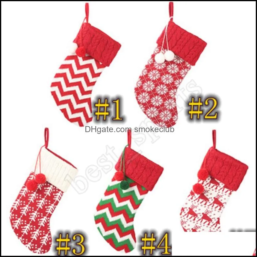 Knit Christmas Stockings Decor Christmas Trees Ornament Party Decorations Reindeer Snowflake Stripe Candy Socks Bags Xmas Gifts Bag