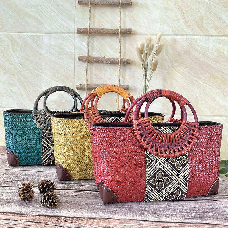 Torby na zakupy Handmade Słomy Retro Etniczne styl Rattan Bamboo Woven Middle Aged Lady Torebka 220303