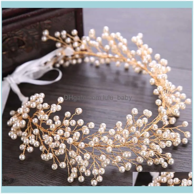 Bridal Pearl Headband Jewelry Wedding Tiara Gold Hair Accessories Women Headbands With Yarn Leaf Headdress