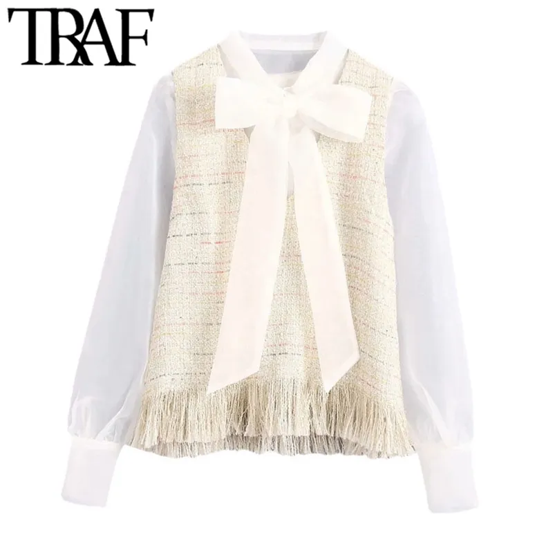 Women Fashion With Tassel Patchwork Organza Tweed Blouses Vintage Bow Tie Collar Frayed Female Shirts Chic Tops 210507