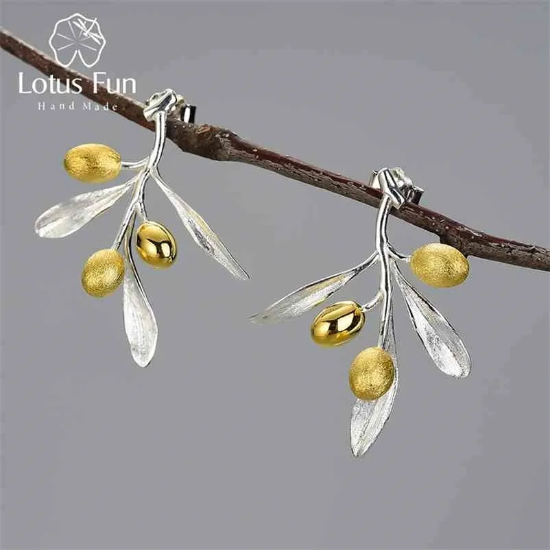 Lotus Fun Olive Leaves Oddział Owoce Niezwykłe Kolczyki Dla Kobiet 925 Sterling Silver Instrukcja Biżuteria Ślubna Trend 210618